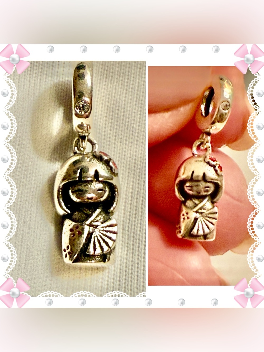 Charm / pendant - 1” Japanese Kokeshi doll dangle charm - silver tone & red New!